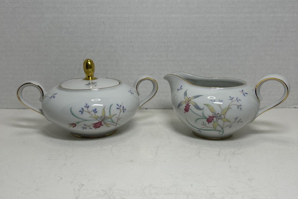 Vtg Eschenbach Bavaria-Germany Lidded Sugar Bowl & Creamer Lady Slipper Orchid